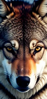 A majestic and detailed wolf wallpaper for mobile devices featuring realistic textures.