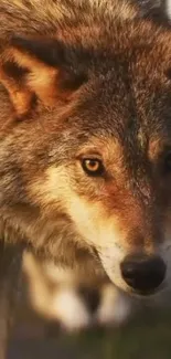 Close-up of a majestic wolf gazing intensely with a stunning natural background.