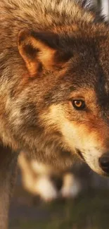 Close-up of a majestic wolf in natural surroundings, showcasing its striking fur.