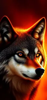 Fiery wolf portrait with vivid orange glow.