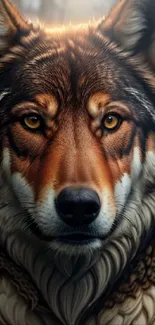 Majestic wolf staring intensely in vibrant mobile wallpaper.