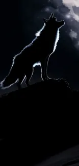 Silhouette of a wolf howling at the moon in a dark, mystical night scene.