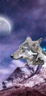 Wolf and moon over purple mountain nightscape wallpaper.