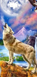 Enchanting wolf moon with mountain scene and waterfall wallpaper.