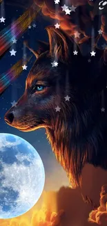 Majestic wolf gazing at full moon with starry night sky.