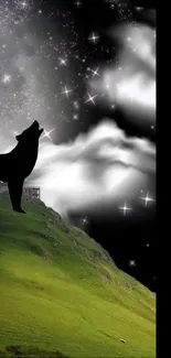 Silhouette of a wolf howling at the moon on a grassy hill under a starry sky.