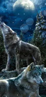 Wolves under moonlit night in a forest scene.