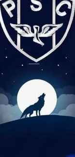 Silhouette of a wolf howling at a full moon on a dark blue night sky.