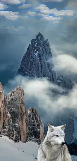 Majestic wolf overlooking misty mountain peaks under a cloudy sky.