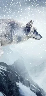 Majestic wolf standing on a snowy mountain cliff.