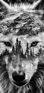 Black and white wolf with mountain and forest overlay design.