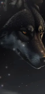 Majestic wolf in a starry night illustration.