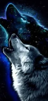 A majestic wolf howling against a starry night backdrop with a cosmic glow.