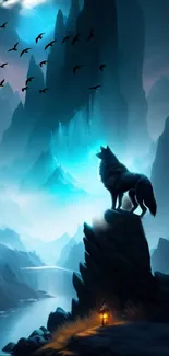 Wolf standing on a mountain under a starry night sky.