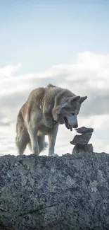 Wolf standing on rock with scenic sky backdrop.