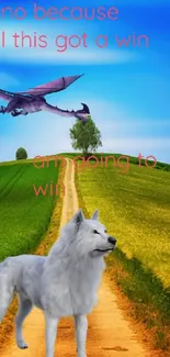 Majestic wolf on a vibrant path under a clear blue sky with a dragon above.