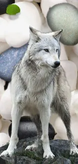 Grey wolf standing among artistic pebbles.