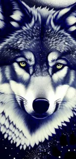 Majestic wolf with intense gaze in deep blue tones as phone wallpaper.