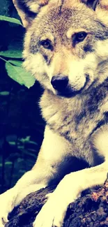 Majestic wolf sits on a log in a forest, with lush greenery around.