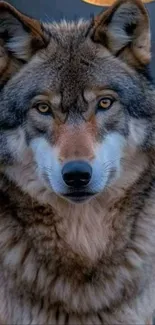 Majestic wolf staring intensely forward.