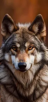 Majestic wolf with intense gaze in brown-toned portrait wallpaper.