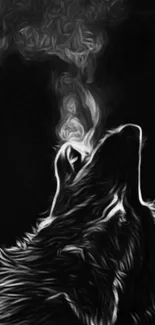 Black and white wolf silhouette on dark background with abstract smoke effect.