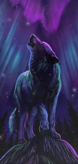 Wolf howling under vibrant purple and green aurora lights in a forest setting.