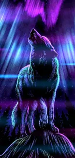 A howling wolf under vibrant auroras in a night sky.