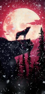 Wolf silhouetted against a red moon with snowy trees in the foreground.