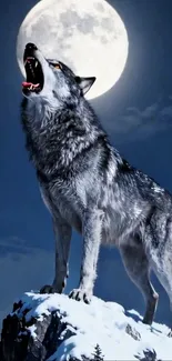 Wolf howling on a snowy mountain with a full moon in the background.