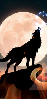 Wolf silhouette howling under a full moon.