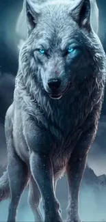 Majestic wolf with blue eyes under moonlit sky