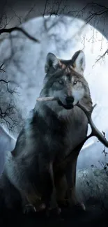 Wolf standing under a full moon in a dark forest setting.