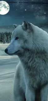 Majestic wolf in snowy landscape under moonlit night sky.