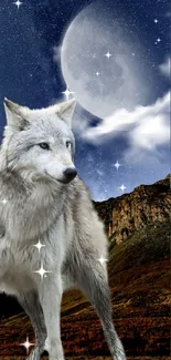 Majestic wolf under a moonlit night sky with mountains.