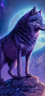 Majestic purple wolf standing under moonlight on a rocky cliff.