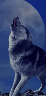 Wolf howling under a full moon in a navy blue night sky.