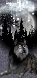 Majestic wolf under a moonlit sky in a serene forest setting.