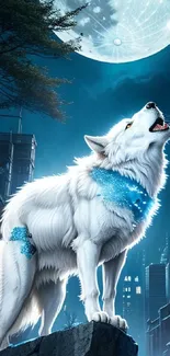 Majestic white wolf howling at a full moon in a cityscape setting.