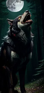 Wolf howling under a full moon in a forest with dark green hues.