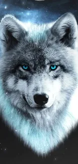 Majestic wolf with blue eyes under starry night sky.