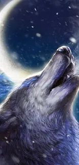 Majestic wolf howling under a crescent moon in a starry night sky mobile wallpaper.