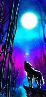 Wolf howling under a full moon with vibrant blue and purple sky.