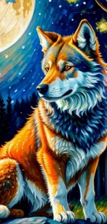 Vibrant artwork of a wolf under a moonlit sky in a forest setting.