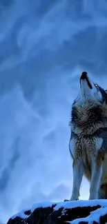 A lone wolf howling beneath a moonlit sky.