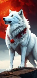 White wolf under a red moon on a rocky landscape.