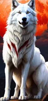 Majestic white wolf under a vibrant red moon.