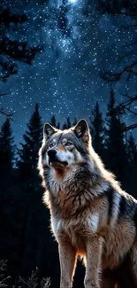 Majestic wolf stands under a starry sky in a dark forest.