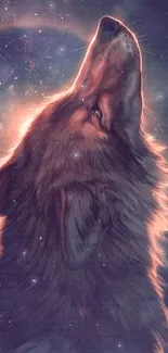 Mystical wolf howling under a cosmic moonlit sky.