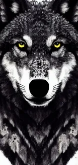 Artistic depiction of a majestic wolf with bright eyes on a black and white background.